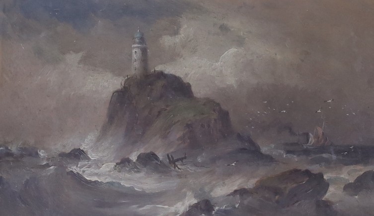 English school, c.1900, oil on board, lighthouse amongst rough seas, 12 x 20cm